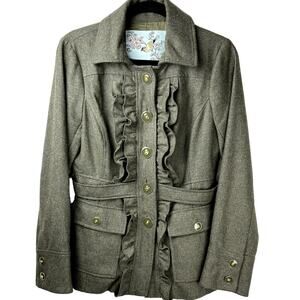 Anthropologie Tabitha Oxer Ruffle Military Wool Blend Olive Jacket Women Size 8